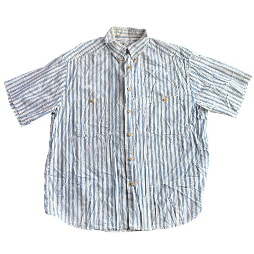 Claiborne Mens XL Short Sleeve Button Down Shirt Blue White Striped Cotton
